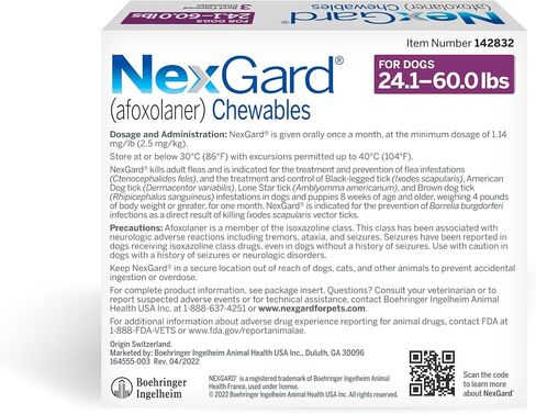 Nexgard® (afoxolaner) حماية البراغيث وحماية القراد للكلاب اللحم البقري الناعم الناعم ، من 24.1 إلى 60 رطلاً. (مربع أرجواني) 1 مضغ (إمداد 1 شهر) in Saudi Arabia
