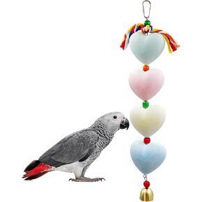 Mineral Chew Toy, Heart Shape Colorful Beaded Bird Toys with Bells | Beak Grinding & Foraging Enrichment for African Grey, Amazon Parrots, Budgies, Cockatiels, Conures