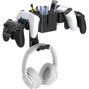 KDD Wall Mount Controller & Headset Stand Holder – Headphone Hanger with Divided Box for Remotes – Gaming Organizer Hook for 4 Gamepads, Earphone, Game Accessories Fits Xbox, PS4 5, Switch2, STEAM