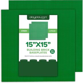 Play Platoon 15 Inch x 15 Inch Baseplate for Building Bricks - Extra Large Landscape for Building Blocks - Green Classic Platform Baseplates Compatible with All Major Brands, 2 Pack