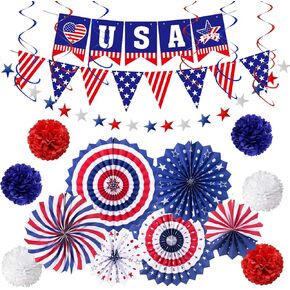 4th of July Patriotic Party Decorations, 6 Paper Fan, 6 Flower Ball, 1 USA Swallowtail Flag, 1 USA Pennant Flag, 1 Star Streamer, 6 Swirl, Independence Day, Memorial Day, Veterans Day Decor Supplies