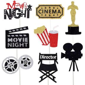Movie Night Cupcake Toppers Decoration Pack of 24 Glitter Cake Toppers for Movie Theme Birthday Party Baby Shower Supplies