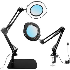 15X Magnifying Glass with Light and Stand, 5 Color Modes 10 Levels Adjustable Brightness, 2-in-1 Desk Lamp with Clamp, Hands Free LED Light Magnifier for Craft Hobby Reading Repair Close Works
