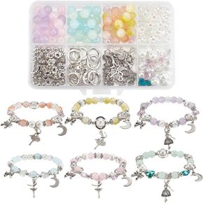 SUNNYCLUE 1 Box 280pcs DIY 6 Sets Glass Bead Bracelet Making Kit Dancer Charms Ballet Dance Bowknots Moon Light Sea Green Electroplate Butterfly Bead With Silver Heart Frame For Jewelry Making Starter