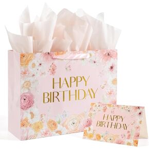 DANIUBE 16.5" Extra Large Wild Flower Happy Birthday Gift Bag Set with Handles, Greeting Card, Tissue Papers for Floral Design Women Girls(1Pcs).