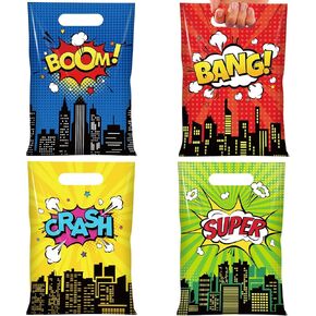 YIDAKO 50pcs Hero Party Favors Plastic Treat Bags,Hero Goodie Candy Bag Gift Bags with 4 Different Types, Comic Hero Bag for Birthday Party Supplies Baby Shower Decorations,6.7x 10 inches