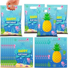 50Pcs Ocean Pineapple Birthday Goodie Bag Decorations, Plastic Pineapple Gifts Bags with Handles, Blue Ocean Jellyfish Seaweed Party Favor Bags for Kids Gift Wrapping Birthday Party Supplies