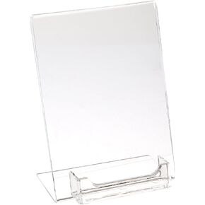 Displays2go Clear Acrylic 5x7 Sign Holder with Business Card Pocket, Tabletop with Slant Back (ASH57BCC)