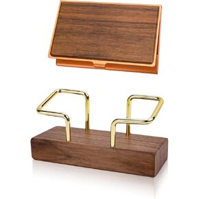 2PC Business Card Holder, Wood Business Card Holder Desk Display, Business Card Organizer, Metal Case Pocket for Women & Men, Wood Business Card Stand for Office, Tabletop