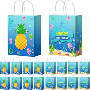 Denwiller 16 Pcs Ocean Pineapple Birthday Paper Gift Bags Party Decorations, Blue Ocean Jellyfish Seaweed Candy Goodie Bags with Handles for Baby Shower Summer Birthday Party Supplies