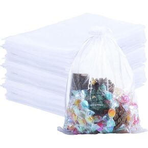 Songio packing 100PCS Gift Bags 6.7 * 9", White Organza Bags for Party Favor, Candy, Jewelry Drawstring Gift Bag, Wedding Mesh Goodie Bag White