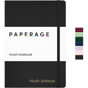 PAPERAGE Personalized Lined Journal Notebook for Writing - Customizable Text in Embossed Metallic Gold Foil, 160 Pages, 100 GSM Thick Paper, Leather Hardcover Diary, 5.7 inches x 8 inches, Black in Kuwait