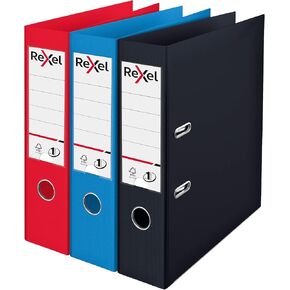 Rexel Choices A4 Lever Arch Files, 3-Pack Assorted Colors (Black, Red, Blue), Durable Plastic on Board, Patented No.1 Locking Mechanism, Replaceable Spine Labels, Ring Binder, Office File Organizer