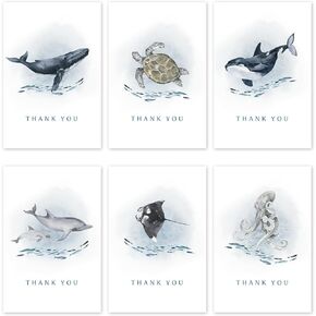 36 Pack Ocean Animal Thank You Cards Sea Life Greeting Cards with Envelopes Stickers Blank Note Cards for Birthday Baby Shower, 4 x 6 Inch
