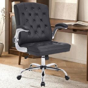 Modern Leather Office Chair, Mid-Back Ergonomic Executive Desk Chair with Flip Up Arm, Mid Century Swivel Task Chair, Rocking Computer Chair with Wheels for Home Office, Meeting Room