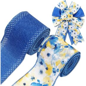 Watercolor Flower Wired Edge Ribbon 2.5 Inch Yellow Blue Floral Fabric Craft Ribbon for Bow Wreath Gift Wrap Spring Summer Party Home Decor, 2 Rolls, 20 Yards