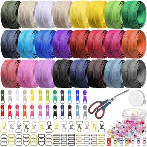 Knitgrip 203 Pcs DIY Sewing Supplies Include 24 Colorful #5 Nylon Coil Zippers with 96 Pull Heads 25 Plastic Clips, 56 Swivel Clasps Snap Hooks Keychain, 1 Scissors, 1 Meter Ruler for Clothes Making