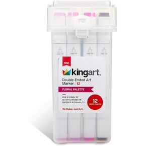 KINGART 424-12C PRO Double-Ended Alcohol Ink Art Markers, 12 BRIGHT FLORAL Colors, Fine Point & Chisel Tips, Permanent with Superior Blendability, Includes Plastic Case, 12 Pc.