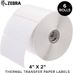 Zebra 4 x 2 in Thermal Transfer Paper Labels Z-Perform 2000T Permanent Adhesive Shipping Labels 1 in Core 6 rolls 10031651SP