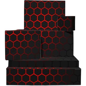 CENTRAL 23 Red and Black Wrapping Paper - 6 Sheets of Gift Wrap and Tags - Hexagon - Shape - Birthday Wrapping Paper for Kids Boys Girls - Comes with Fun Stickers - Recyclable