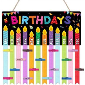 Blosssound Colorful Birthday Calendar Wall Hanging Wooden DIY Birthday Plaque Birthday Calendar Board with 100 Pcs Wood Clips Birthday Reminder Calendar for Classroom School Kindergarten Birthday Gift