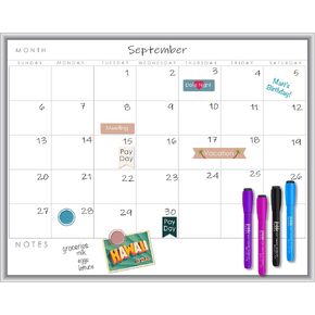 Magnetic Dry Erase Calendar Set, 17x23 Inches, Aluminum Frame with 5 Markers and Planner Magnets