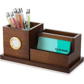 Wood Business Card Holders with Clock Pen Holder, Lawyers Gifts for Men and Women, Desk Organizer for Attorney Lawyers Professionals