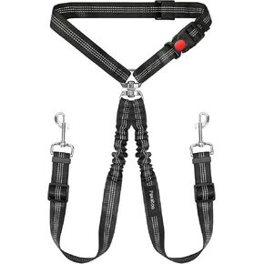 Pawaboo Dog Seat Belt for Car, Pet Car Seatbelt Headrest with Dual Leash, 360° No Tangle Dogs Cars Tethers for 2 Dogs with Shockproof Elastic Bungee, Adjustable Dog Cars Harness with Reflective Strips