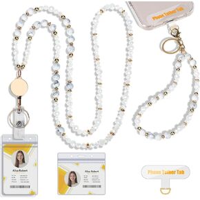 2-in-1 Set Retractable Teacher Lanyard with Phone Charms Strap,Beaded Lanyards for ID Badges with Badge Reel, Phone Wrist Strap with Tether Tab,Cruise Lanyard with Badge Holder, Transparent