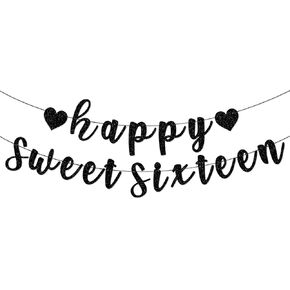Happy Sweet Sixteen Banner, Pre-Strung Glitter Sweet 16 Party Decorations,16th Party Sign for 16th Birthday Decorations (Champagne Gold)