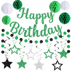 Glitter Happy Birthday Banner with Honeycomb Balls,Circle Dot Garland Hanging Swirls,Happy Birthday Party Decorations for Women Men Kids Boys Girls,NO-DIY,Black Gold
