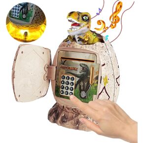 لعبة Dinosaur Piggy Bank للأطفال ديناصور البيض ATM مربع توفير أموال مع ضوء ليلي ديكور ديكور هدايا (بني)