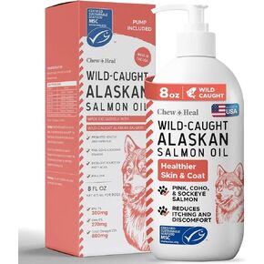 Pure Wild Alaskan Salmon Oil for Dogs - 8 oz. Pump Cap - Toxin Free Dog Fish Oil Rich in Omega-3 and 6, Vitamin D, EPA, and DHA for Healthy Skin and Coat - Pink, COHO, and Sockeye Salmon