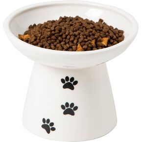 Raised Cat Food Bowl Neck and Whisker Friendly Dishwasher and Microwave Safe Cat's Paw Decoration Ceramic Color White