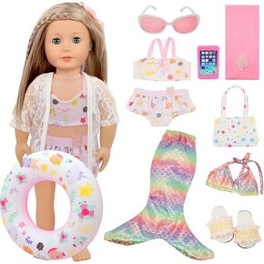 11 Pieces 18 Inch American Doll Bathing Suit Swimsuit with Accessories, Fashion 18 inch Doll Summer Outfits Including Mermaid Outfits,Swimming Circle,Bag,Phone,Shoes,Towel Set