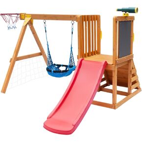 Playground Sets for Backyards,Toddler Slide and Swing Set with Basketball Hoop for 3-6 Years Kids, Toddler Climber, Football Net, Telescope, Drawing Board, Perfect Wooden Playsets
