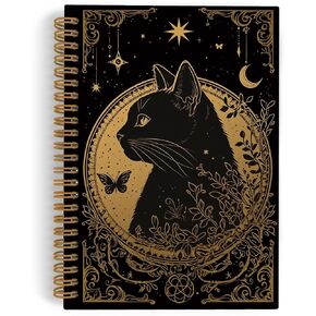 Gold Cat Tarot Spiral Notebook, Gothic Black Cat Journal Notebook, Witchy Cat Gifts for Cat Lovers, Witchy Cat Notebooks for School Work, Cat Gothic Office Supplies Gifts for Women, 5.5x8.3Inch