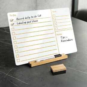 Desktop Acrylic Whiteboard with Wood Stand, to Do List Goal Notes Reusable White Board 13.7x9.8-Large Size, Double-Sided Portable Dry Erase Writeboard for Home Office School, Marker & Eraser Included