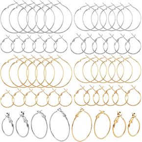 48pcs Hoop Earrings Findings, Hypoallergenic Round Earring Loop, Open Beading Earrings Accessories Jewelry Making DIY Crafts 20mm 25mm 30mm 40mm- Gold & Silver