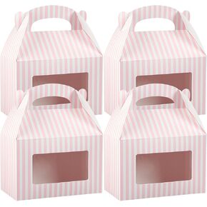 Restaurantware Bio Tek 8.5 x 4.8 x 5.5 Inch Gable Boxes For Party Favors, 25 Attractive Gift Boxes - Striped Design, With Clear PET Window, Pink And White Paper Barn Boxes, Built-In Handle