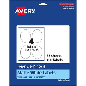 Avery Matte White Oval Labels, Sure Feed Technology, 4.25" x 3.25", 100 Matte White Printable Labels