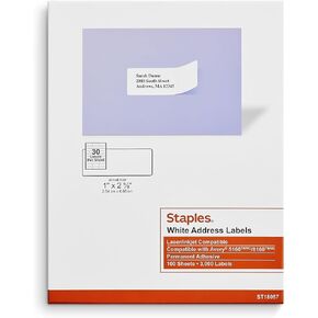 Staples Laser/Inkjet Address Labels, 1-inch x 2 5/8-inch, White, 30 Labels/Sheet, 6000/Carton (ST18057-CCVS)