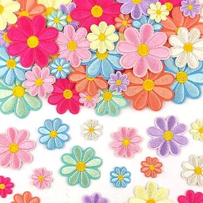 32Pcs 4 Sizes Daisy Flower Iron on Patches Cute Daisy Floral Embroidery Applique Patch for Hats Clothes Jeans Jacket(Multicolor)