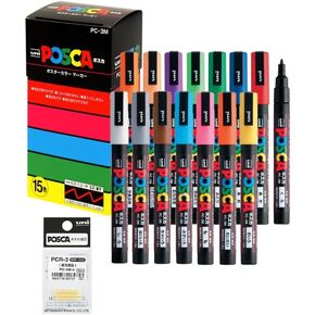 Uni-Posca Paint Marker Pen - Fine Point - Set of 15 (PC-3M15C) Tip width 0.9-1.3mm 15 colors, Including Pens Tip Refill PCR-3 - Made in Japan