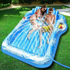 83" X 63" Extra Large Inflatable Tanning Pool Float Lounger with Sprinkler, Pool Float Adults with Pillow & Drink Holder, Blow up Water Tanning Bed Pool Raft Floatie for Adults Backyard, Pink/Blue