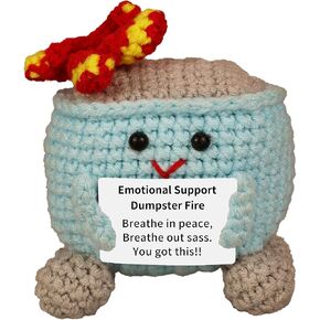 Handmade Emotional Support Dumpster Fire Crochet Gift - Funny Desk Decor with Positive Card for Coworkers, Teachers, Adults, Meme Lovers, Christmas, Halloween, Office Pranks, Knitted Doll Toy (Orange)