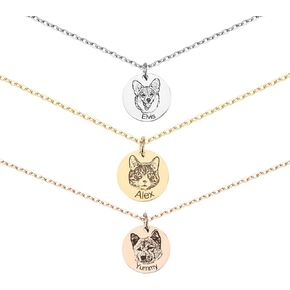 Personalized Pet Portrait Necklace, Dog Memorial Engraved Necklace,Handmade Photo Custom Pet Memorial Jewelry Gift for Animal Lover, Round Disc Cat Dog Necklace Gifts for Birthday Mothers Day