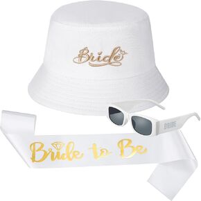 3 Pack Bachelorette Party Embroidered White Bride Bucket Hat Sunglasses Bride to Be Sash, Bachelorette Party Sunnies, Engagement Gift, Bridal Shower Accessory, Bridesmaid Favors