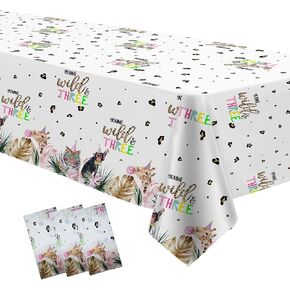 Safari 3rd Birthday Party Tablecloth, Young Wild and Three Decorations Table Cloth Girl, Disposable Jungle Animal Party Decorations Table Covers for 3-Year-Old Birthday, 3 Pack, 54in x 108in