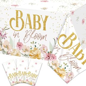 Haimimall Baby in Bloom Baby Shower Tablecloth, 3 Pcs Girls Flower Baby Shower Party Decorations Plastic Rose Gold Flowers Table Covers for Girls Birthday Party 108 * 54Inch